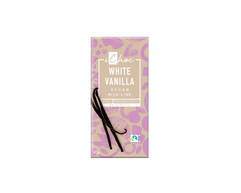 Ekologiškas baltasis šokoladas WHITE VANILLA, 80 g, Ichoc Weiße Bio-Schokolade WHITE VANILLA, 80 g, Ichoc – Bild 1
